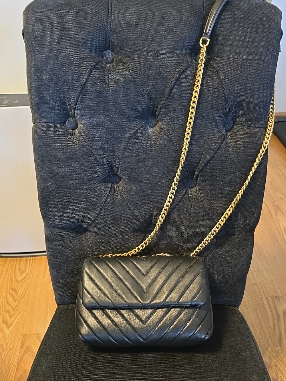 Quince Leather Quilted Chevron Black Crossbody Bag with Gold Chain